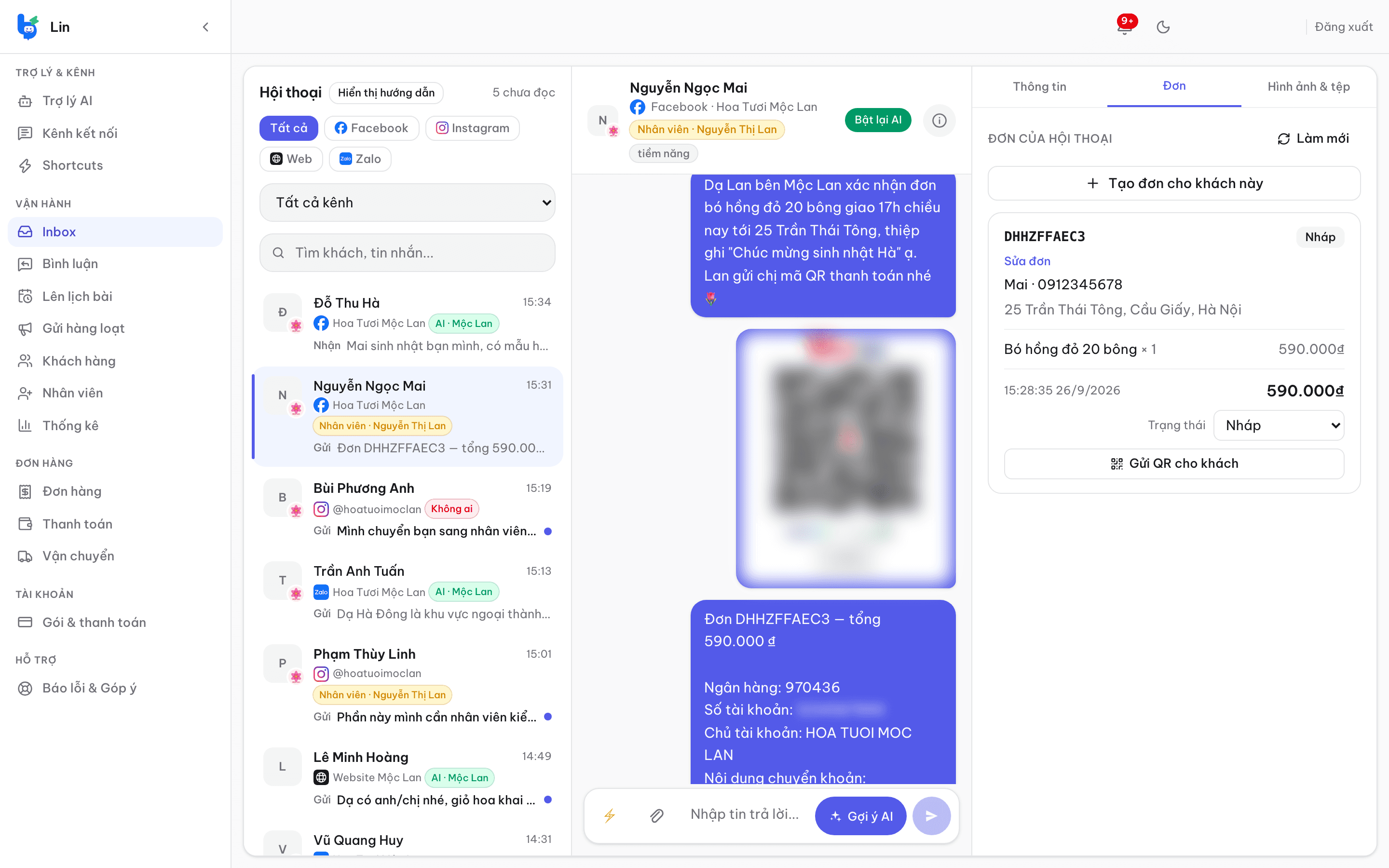 Inbox Lin của shop hoa: tạo đơn và gửi mã VietQR cho khách ngay trong chat