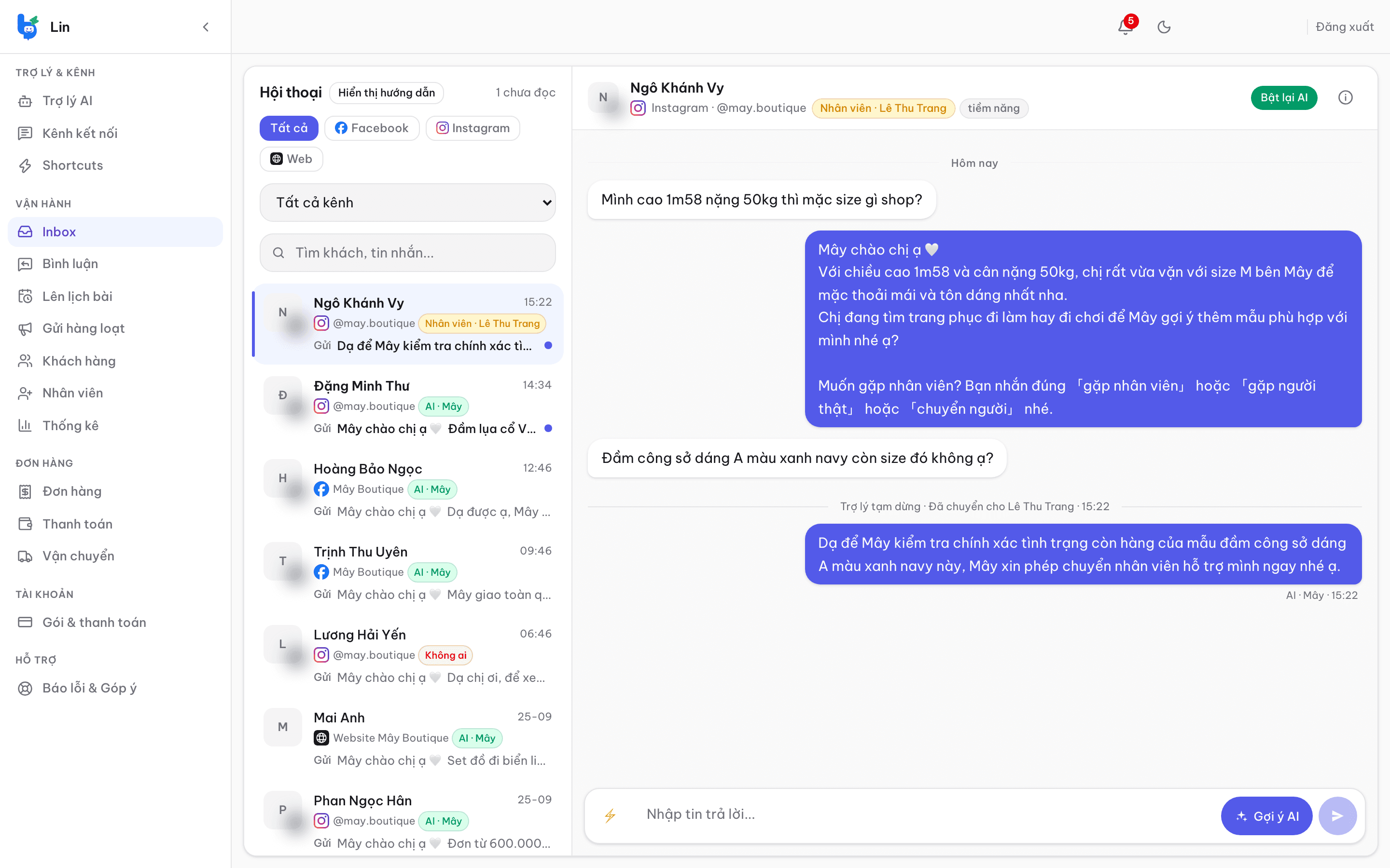 Inbox Lin của shop thời trang: AI tư vấn size và màu cho khách trên Messenger