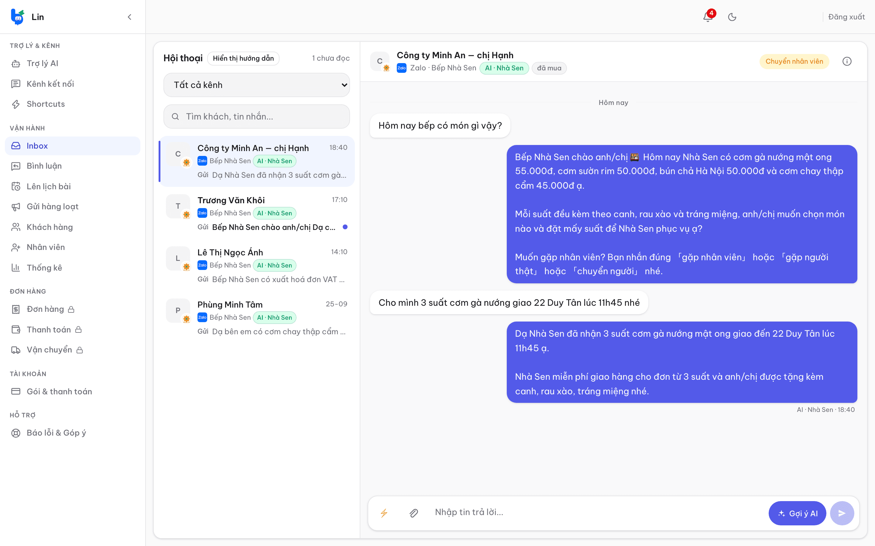 Inbox Lin của quán ăn: AI nhận order và báo giá món cho khách qua Messenger