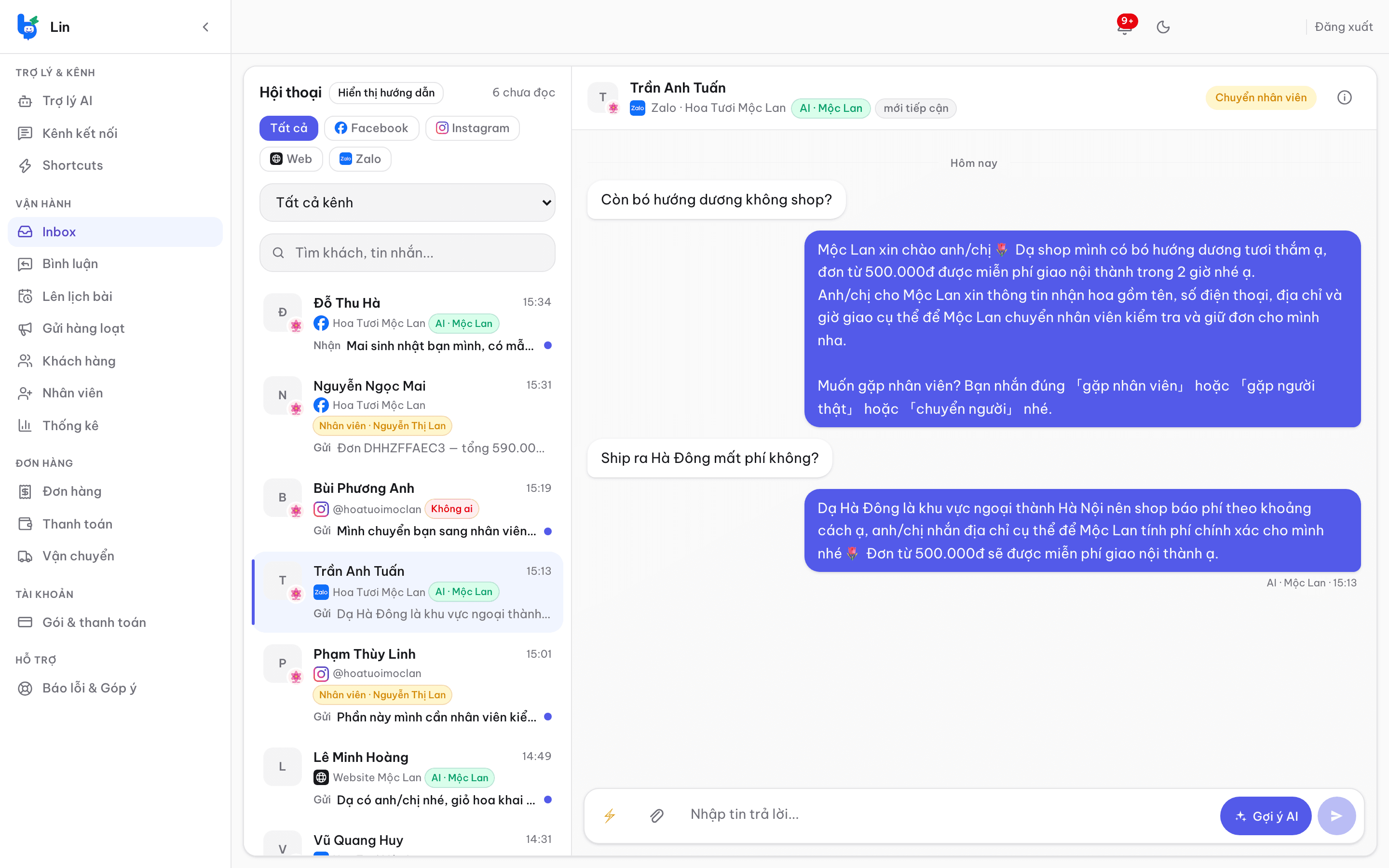 Inbox Lin gom tin nhắn Messenger, Instagram, Zalo OA và web chat về một màn hình