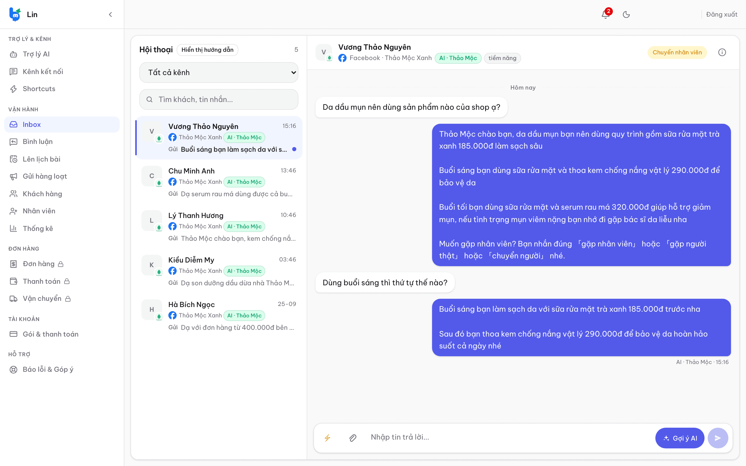 Inbox Lin của shop mỹ phẩm: AI tư vấn sản phẩm theo loại da cho khách